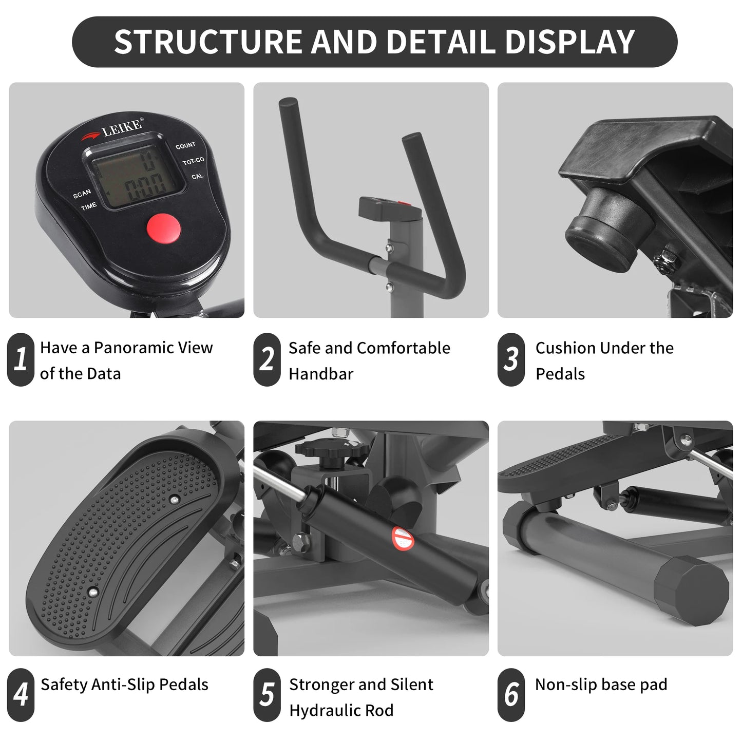 Leikefitness Premium Portable Twist Stair Stepper Adjustable Resistance Twisting Step Fitness Machine with Bands and LCD Monitor