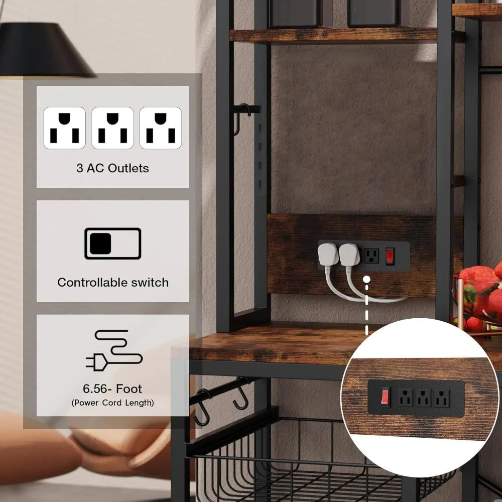 Standing Kitchen Baker Rack With Power Outlet And Hooks