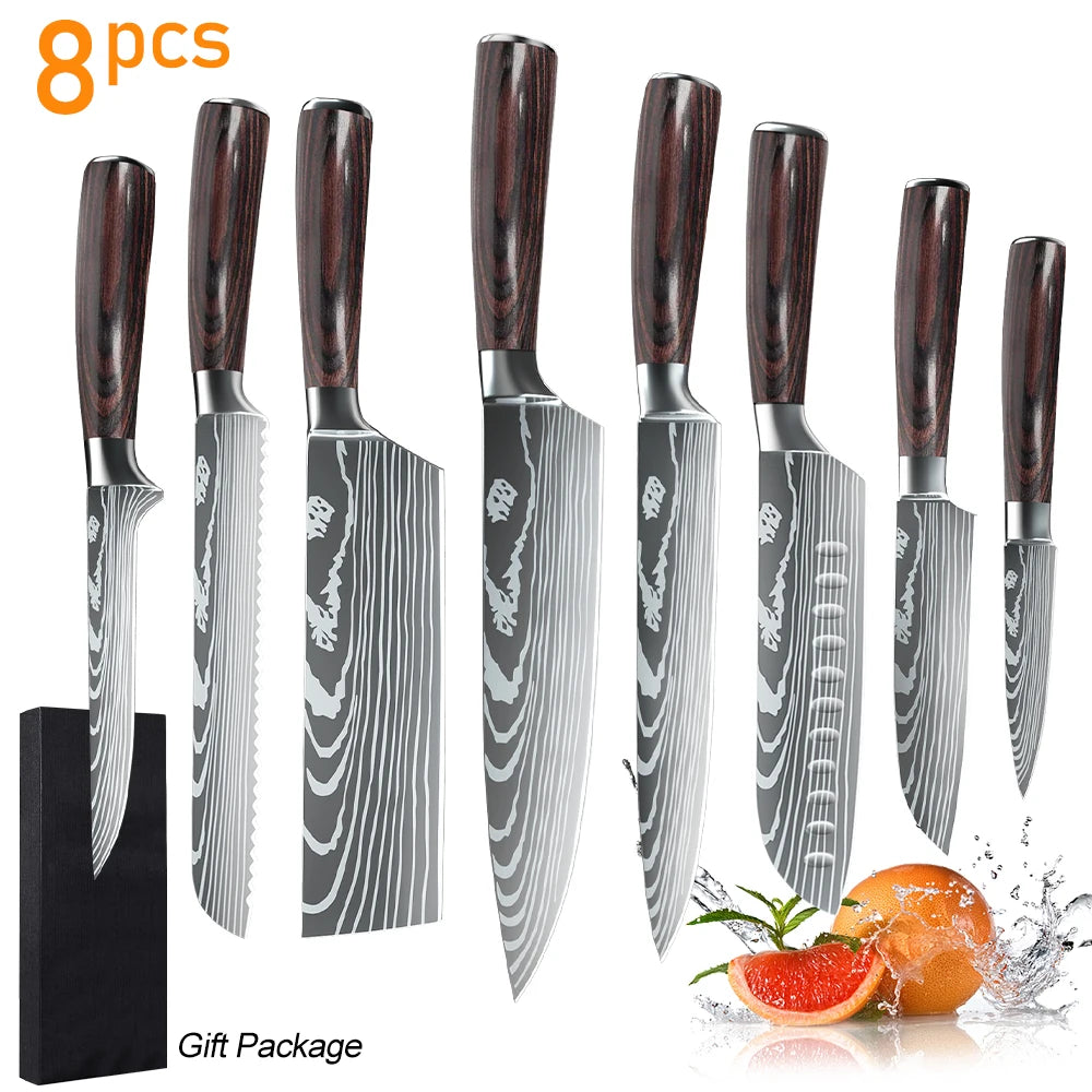 8 or 10 Pieces Gift Japanese Kitchen Knives Set Laser Damascus Pattern High Carbon Stainless Steel Chef Knife and Fruit Slicing Knife