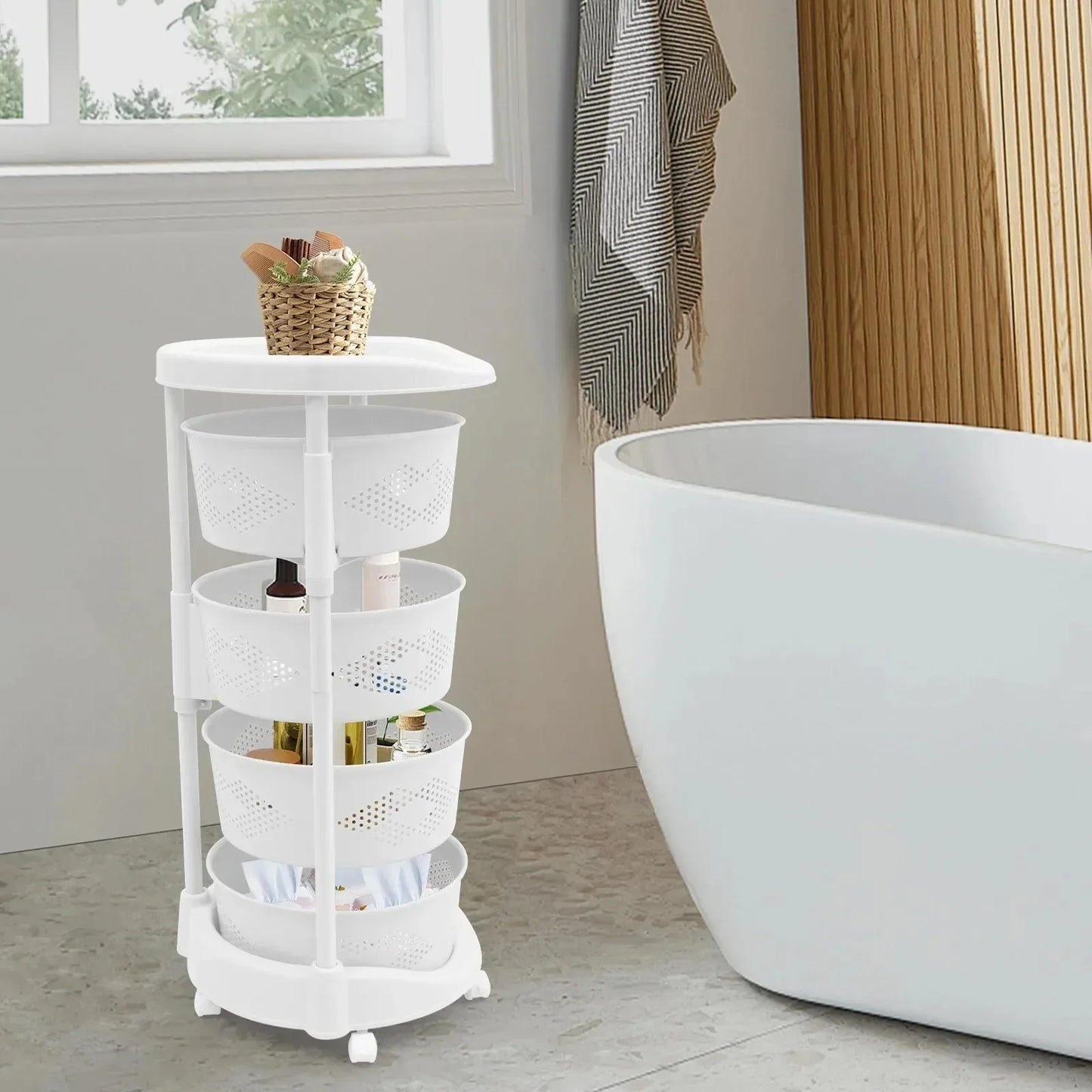 Bymaocar 4 Layers Rotating Kitchen Fruit and Vegetable Storage Rack White Storage Basket with Wheels for Living Room and Bedroom