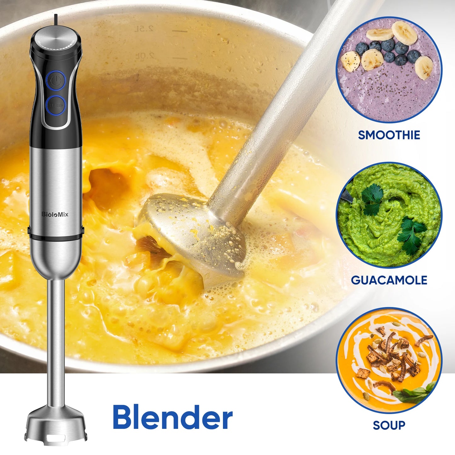 BioloMix 5 in 1 Immersion Hand Blender 1500W Stainless Steel Blade Food Processor Smoothies Puree Baby Food