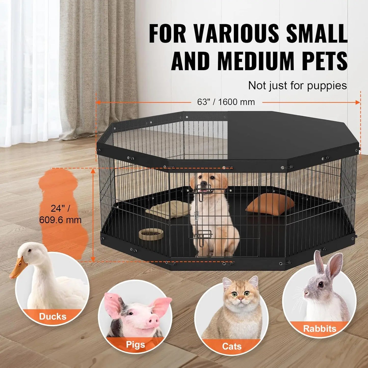 Foldable Metal Dog Exercise Pen Pet Playpen Dog Fence for Camping with Top Cover and Bottom Pad 24 Inch Height 8 Panels Puppy Crate Indoor Outdoor for Medium Dogs
