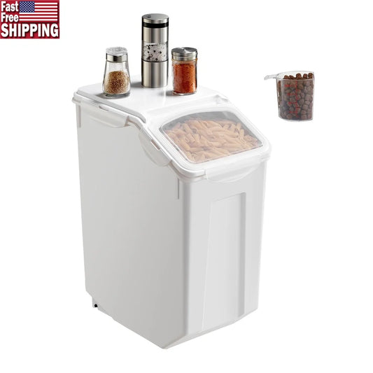 Airtight Food Storage Container 20L 4.5 Gallon Big Canine Food Bin with Wheels Measuring Cup Damp Proof Design Pet Supplies