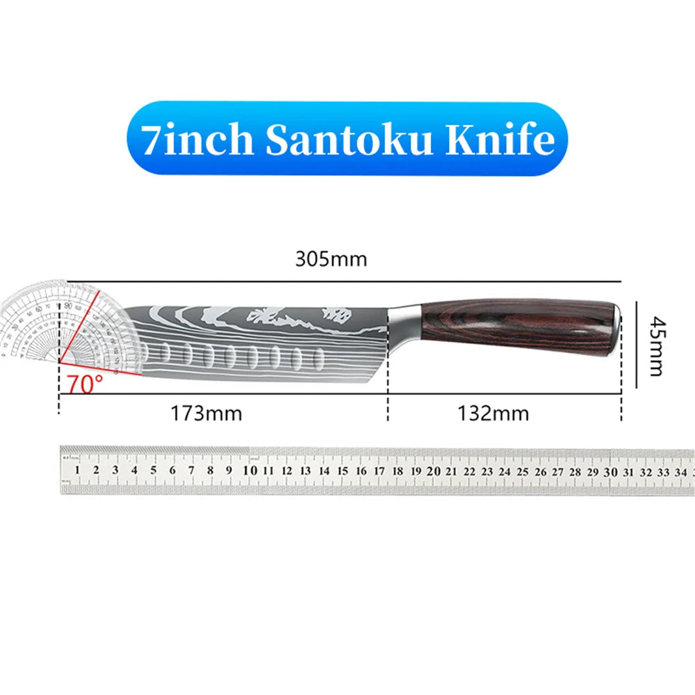 7 Inch Santoku Knife Laser Damascus Stainless Steel Kitchen Knife Professional Chef Knife Full Tang Vegetable Cutting Knife