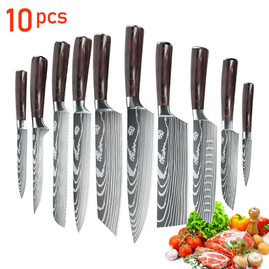1-10PCS Japanese Kitchen Chef Knife Set Professional Laser Damascus Pattern Stainless Steel Meat Cleaver Slicer Knife