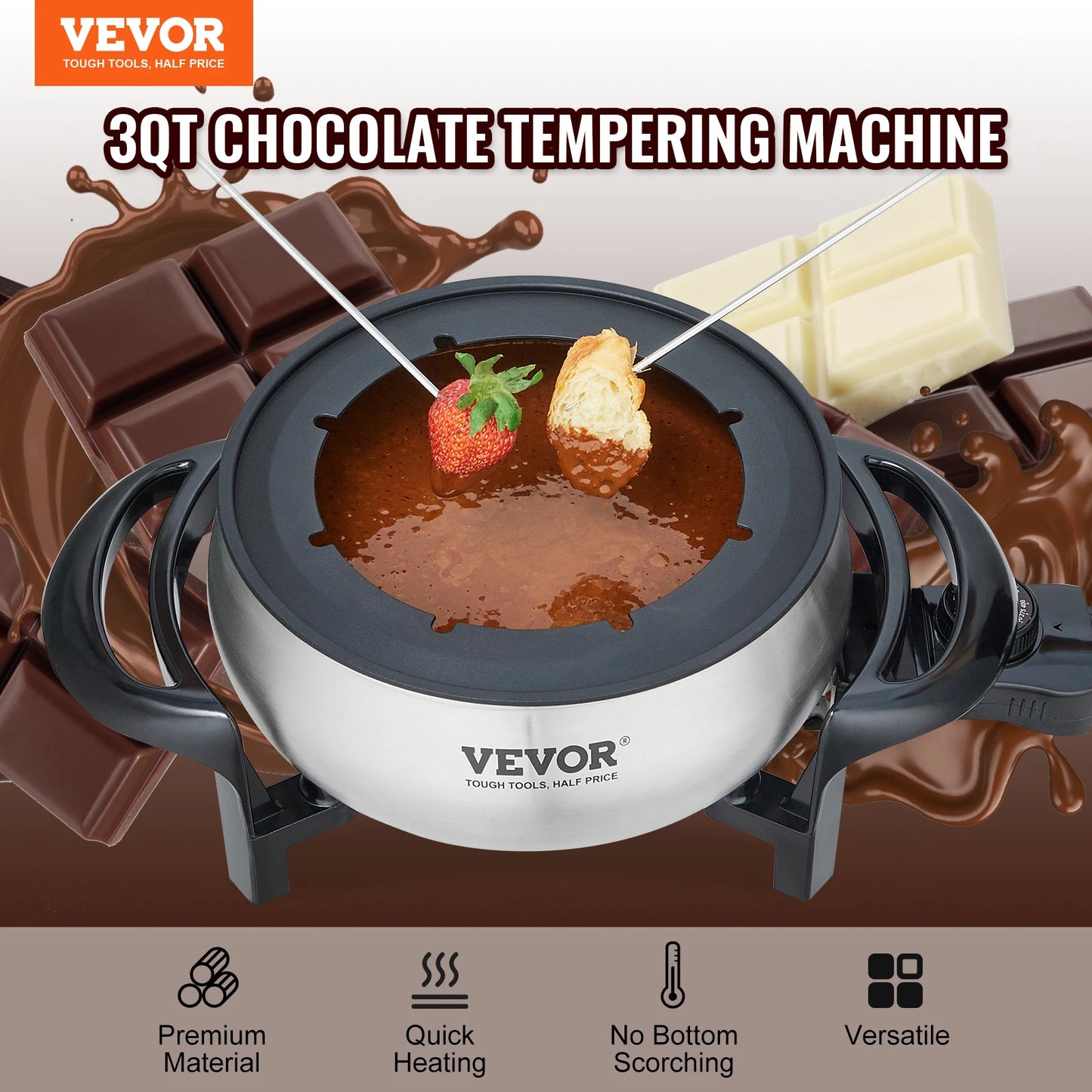 VEVOR Electric Fondue Pot Set for Cheese and Chocolate 3 Quart Stainless Steel Melting Pot with Temperature Control