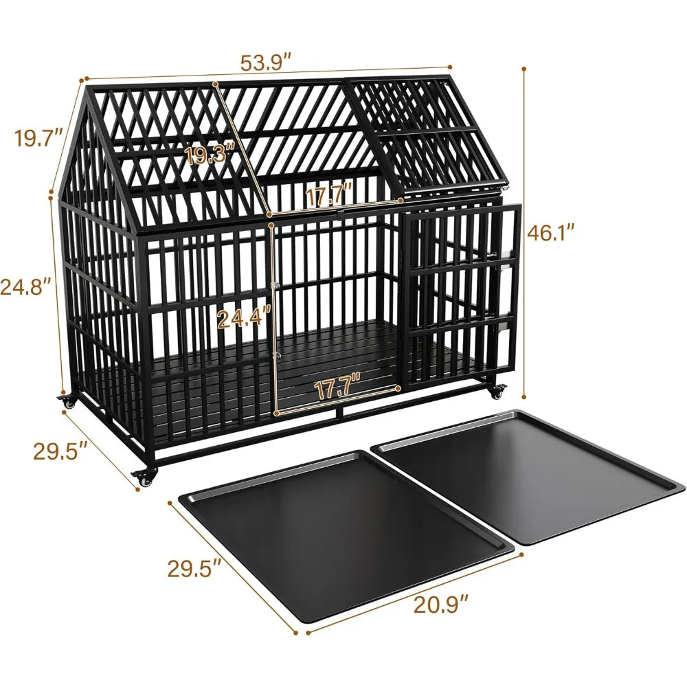 Heavy Duty Dog Crate for Large Giant Dogs Metal Pet Cage with Roof Sturdy Playpen 54 Inch Dog Kennel with Strong Latches