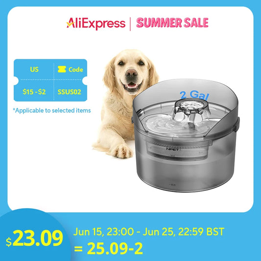 NPET Dog Water Fountain 2 Gallon 270oz 8L Large Automatic Dog Water Dispenser with Splatter Guard for Large Dogs and Multiple Pets