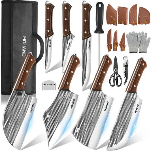 14 Pieces Hand Forged Chef Knife Set With Wood Handle Striped Blade Butcher Boning And Fruit Slicing Knives