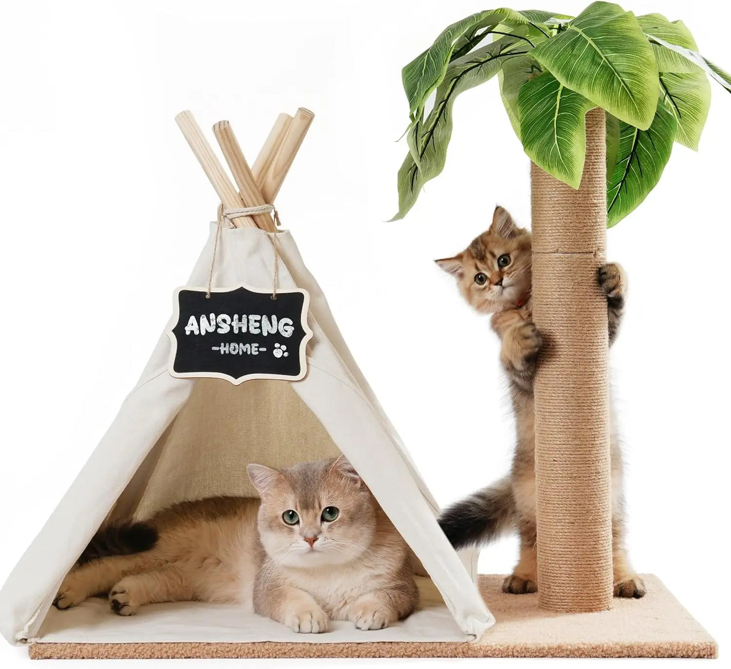 MewooFun Cats Scratching Post Teepee Cat Tree with Simulated Leaves 60cm Tall Pet Bed Tent Indoor Cat Play House