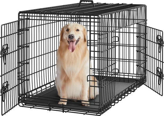 42 Inch Dog Crate Double Door Dog Crate with Divider for Puppy to Adult XL Collapsible Metal Dog Crate with Removable Tray Wire Dog Kennel Pet Crate for Large Dogs Portable Travel Cage Black