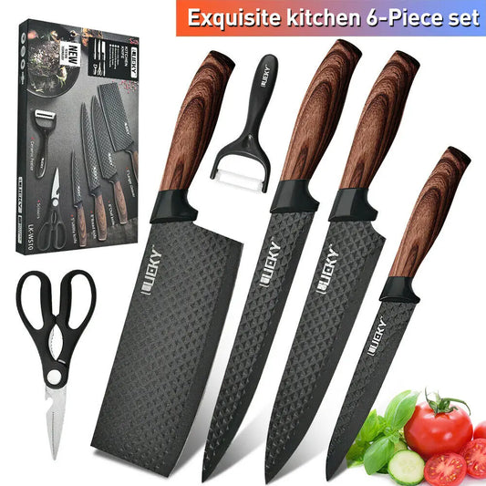 Stainless Steel Forged Chef Kitchen Knife Set with Scissors Vegetable Peeler Slicer and Paring Knife Diamond Pattern
