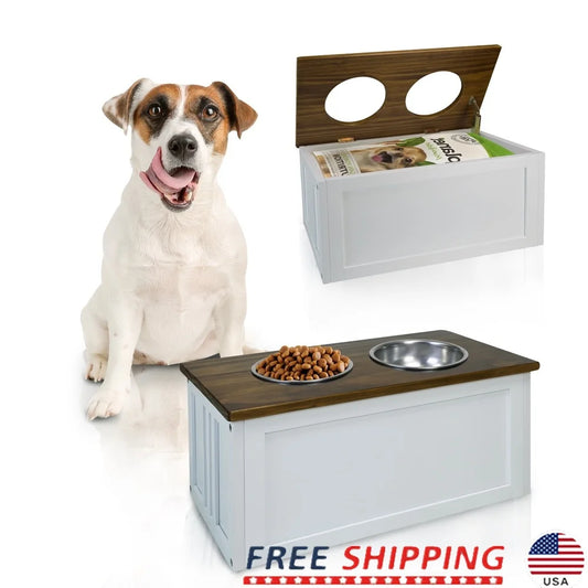 Solid Wood Double Bowl Pet Feeder Stand with Storage Box Removable Aluminum Bowls for Medium and Large Dogs