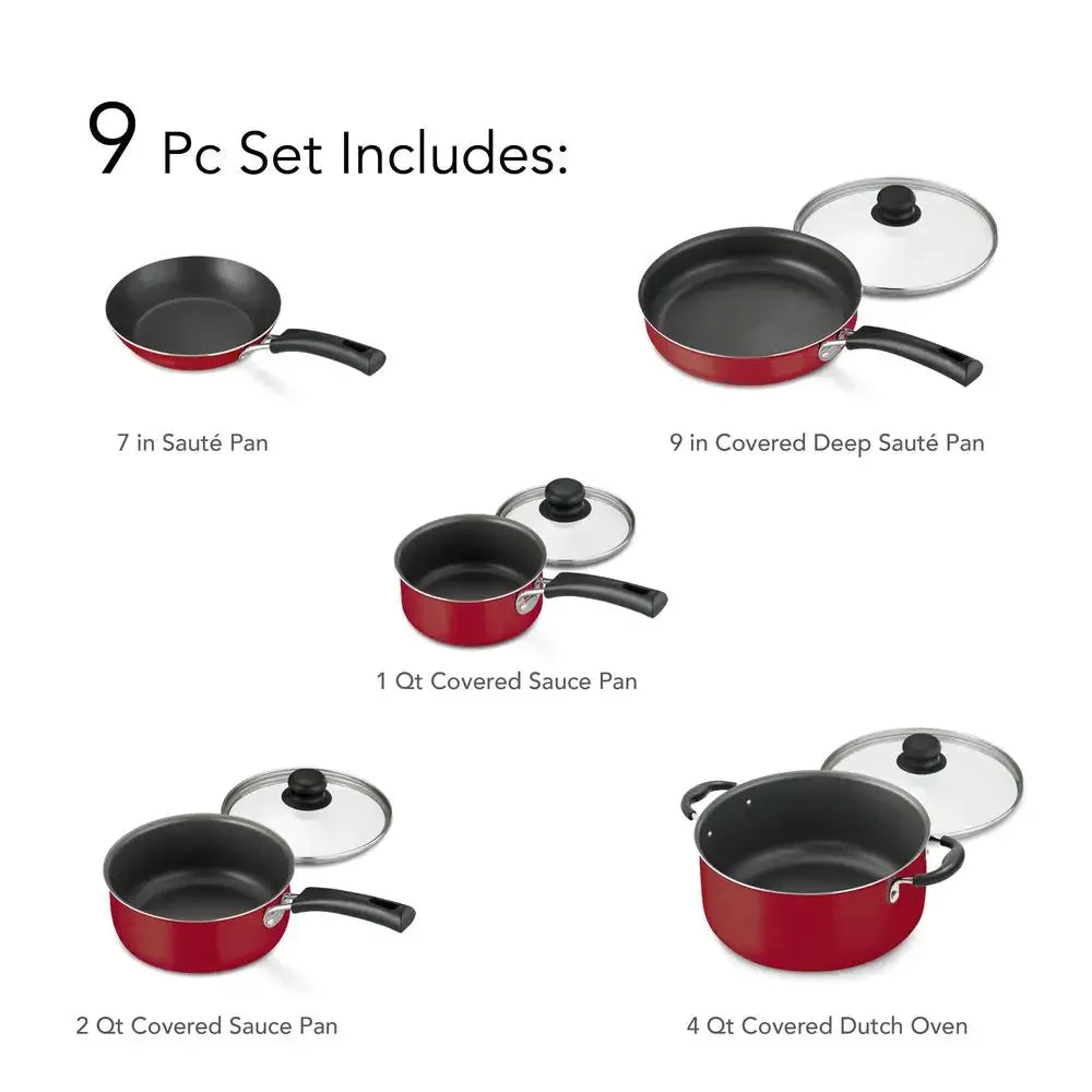 Nonstick Cookware Set Red 9 Piece Kitchen Starter Aluminum Dutch Oven Saute Pan Sauce Pan Riveted Handles Tempered Glass Lids
