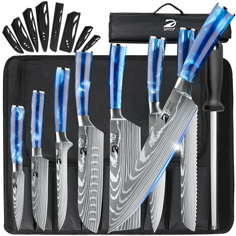 8 Pieces Kitchen Knife Set Damascus Stainless Steel Chef Utility Paring Boning Cleaver Slicing Santoku Knives With Nylon Bag