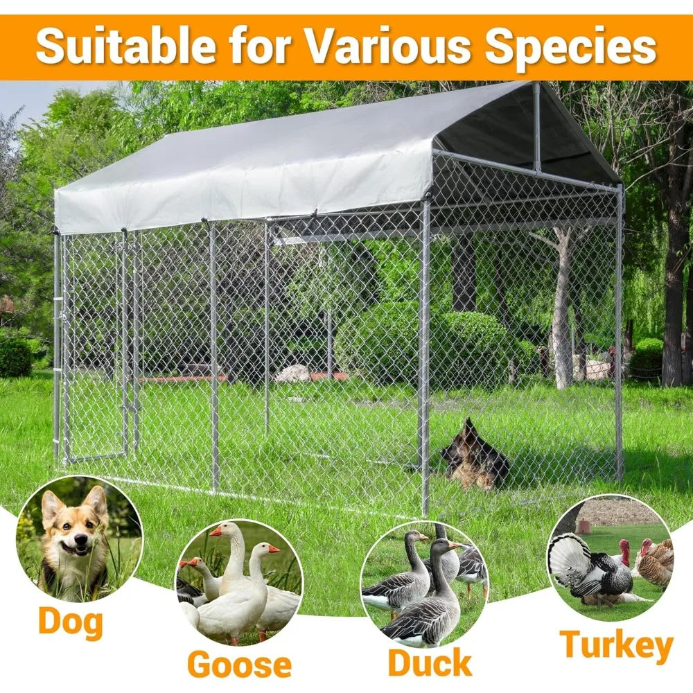 Outdoor Dog Kennel Large with Roof Heavy Duty Dog Run Enclosure Pet Playpen with Galvanized Chain