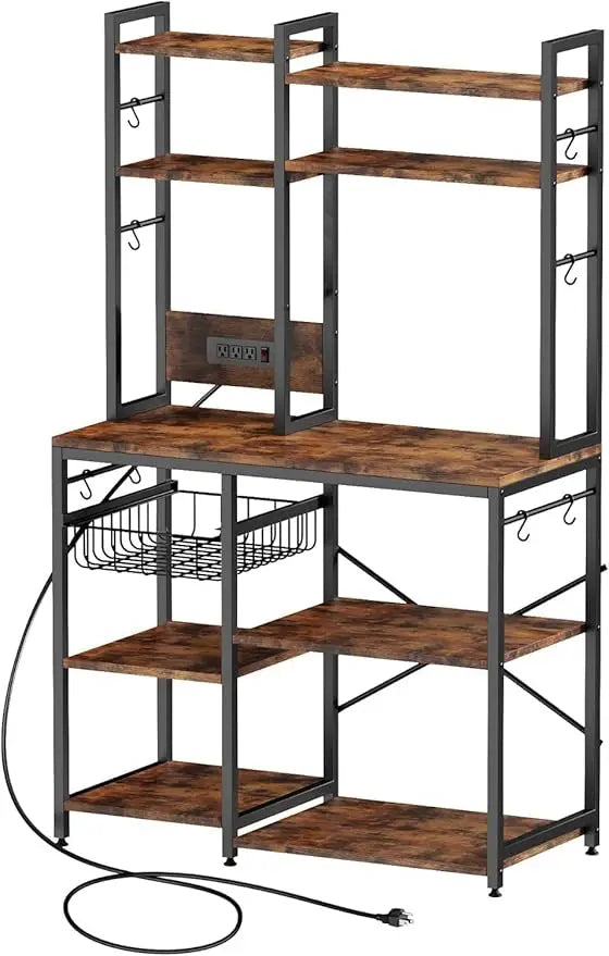 Standing Kitchen Baker Rack With Power Outlet And Hooks