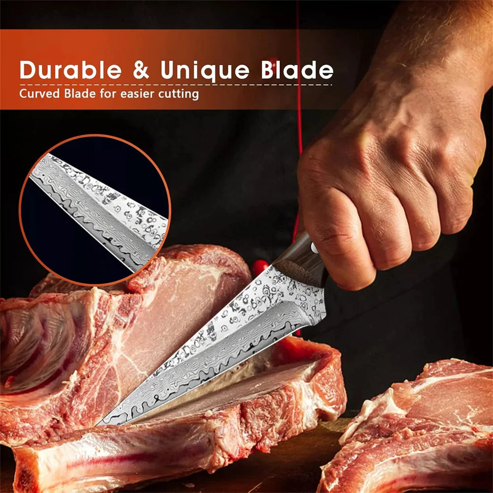 Plys Damascus Steel Boning Chef Knife Set 2 Pieces with Wood Non Slip Handle for Meat and Fishing Fillet