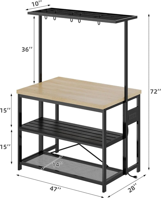 Kitchen Island with Storage Bakers Rack with Power Outlet 3 Tier Microwave Stand Oven Shelf Bar Table