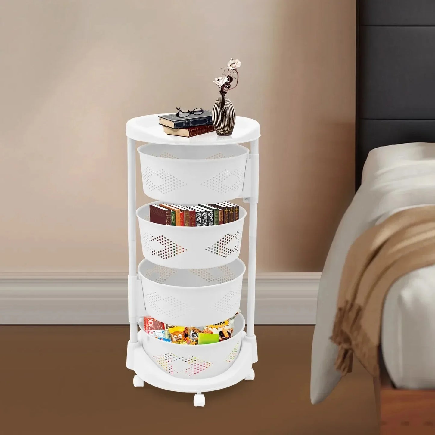 Bymaocar 4 Layers Rotating Kitchen Fruit and Vegetable Storage Rack White Storage Basket with Wheels for Living Room and Bedroom