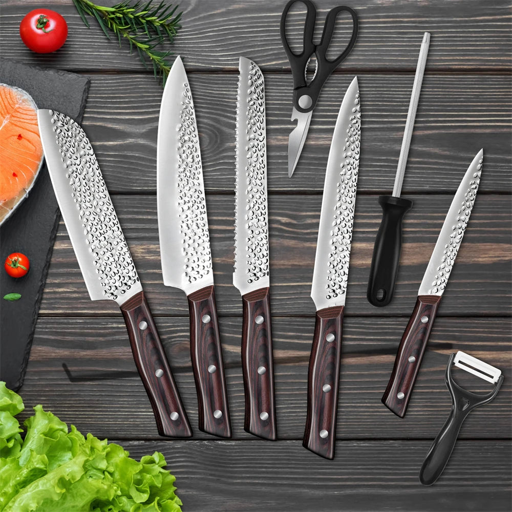 8 Piece Chef Knife Kitchen Knives Set Hammer Pattern Sharp Cutting Blades Meat Salmon Slicing Santoku Cooking Tools