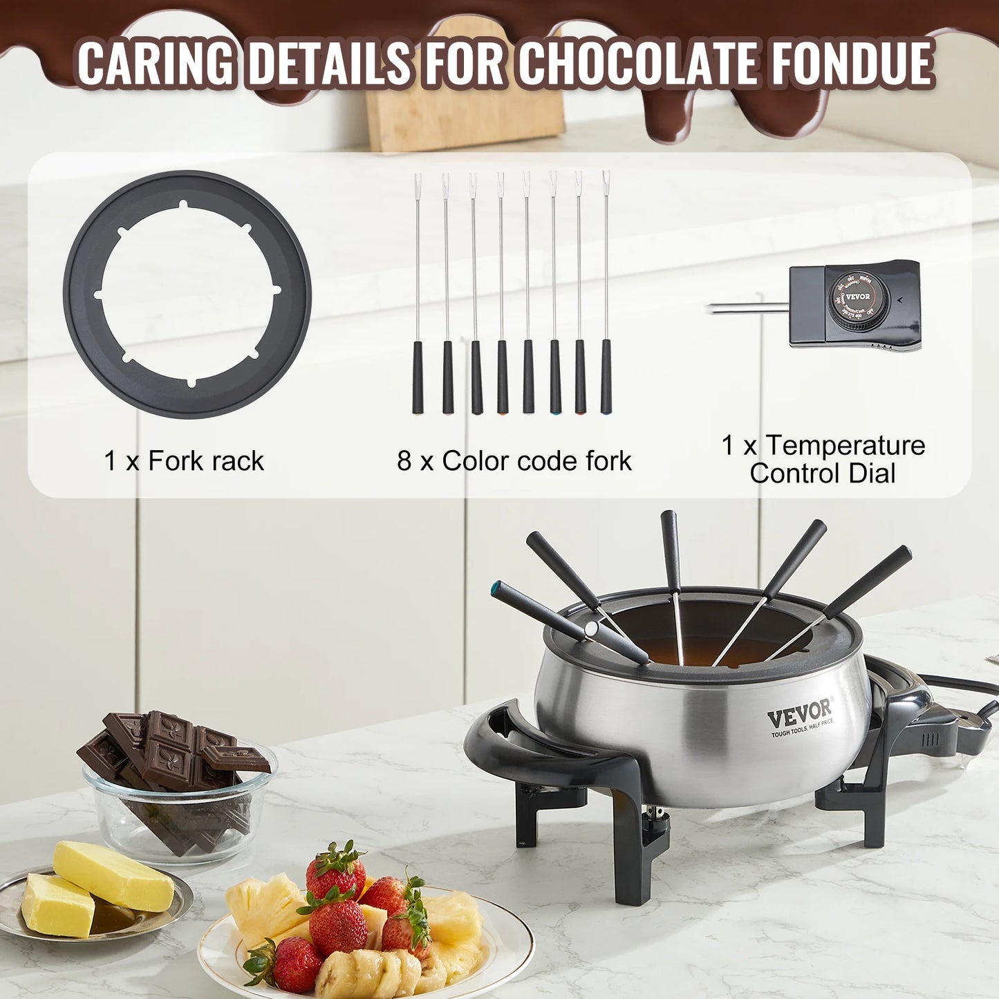 VEVOR Electric Fondue Pot Set for Cheese and Chocolate 3 Quart Stainless Steel Melting Pot with Temperature Control