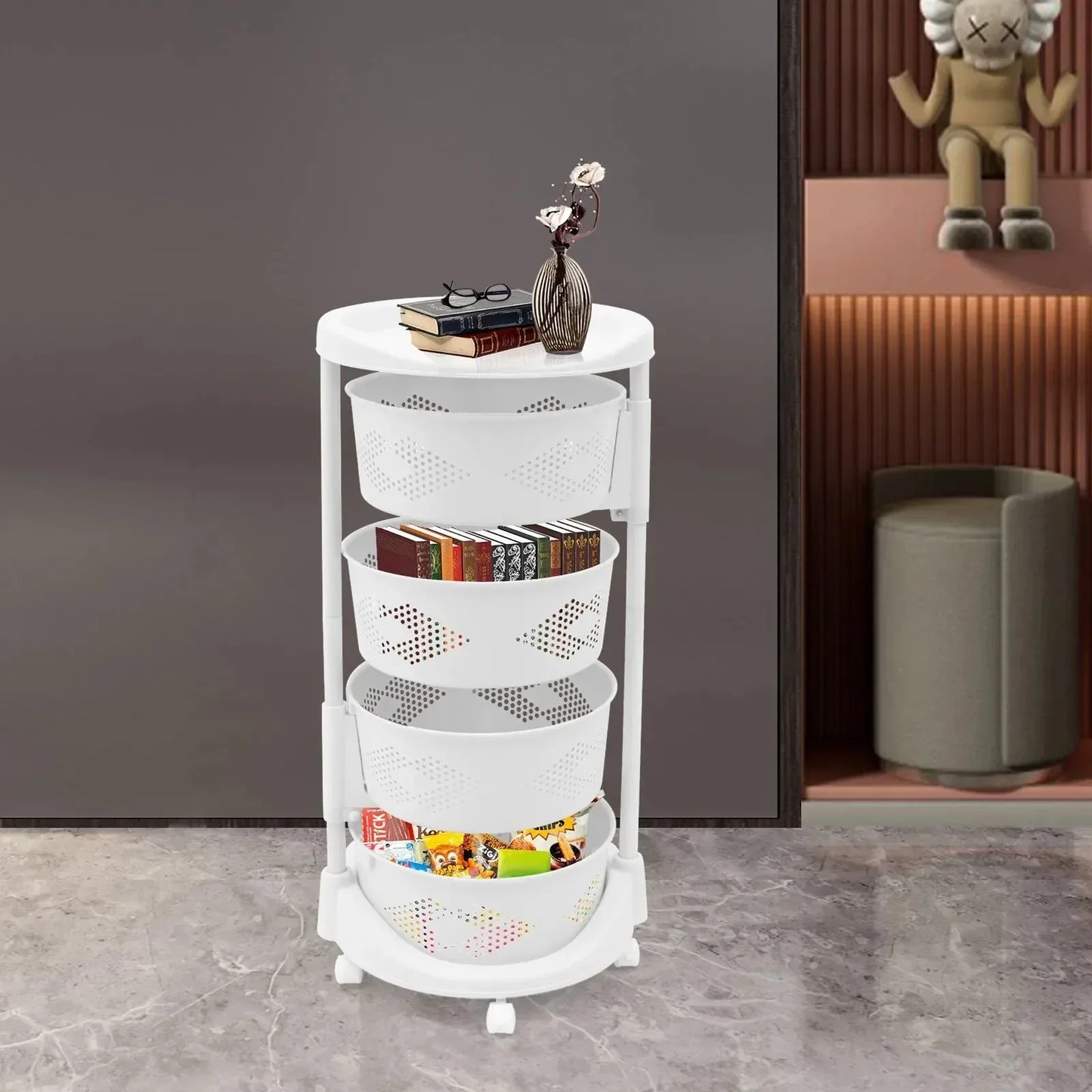 Bymaocar 4 Layers Rotating Kitchen Fruit and Vegetable Storage Rack White Storage Basket with Wheels for Living Room and Bedroom