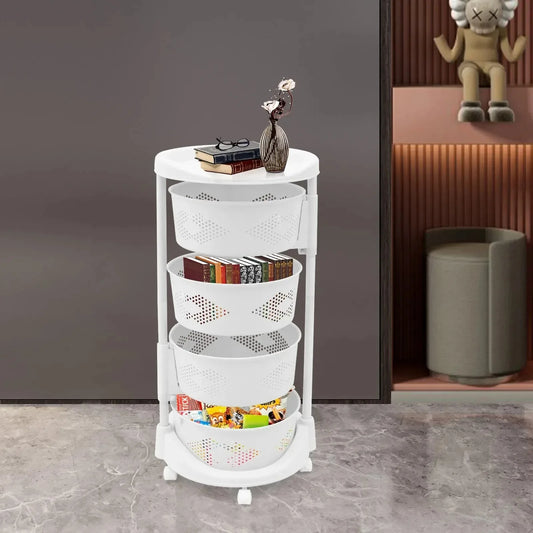 Bymaocar 4 Layers Rotating Kitchen Fruit and Vegetable Storage Rack White Storage Basket with Wheels for Living Room and Bedroom