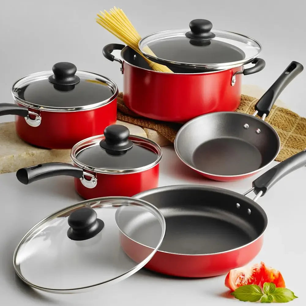 Nonstick Cookware Set Red 9 Piece Kitchen Starter Aluminum Dutch Oven Saute Pan Sauce Pan Riveted Handles Tempered Glass Lids