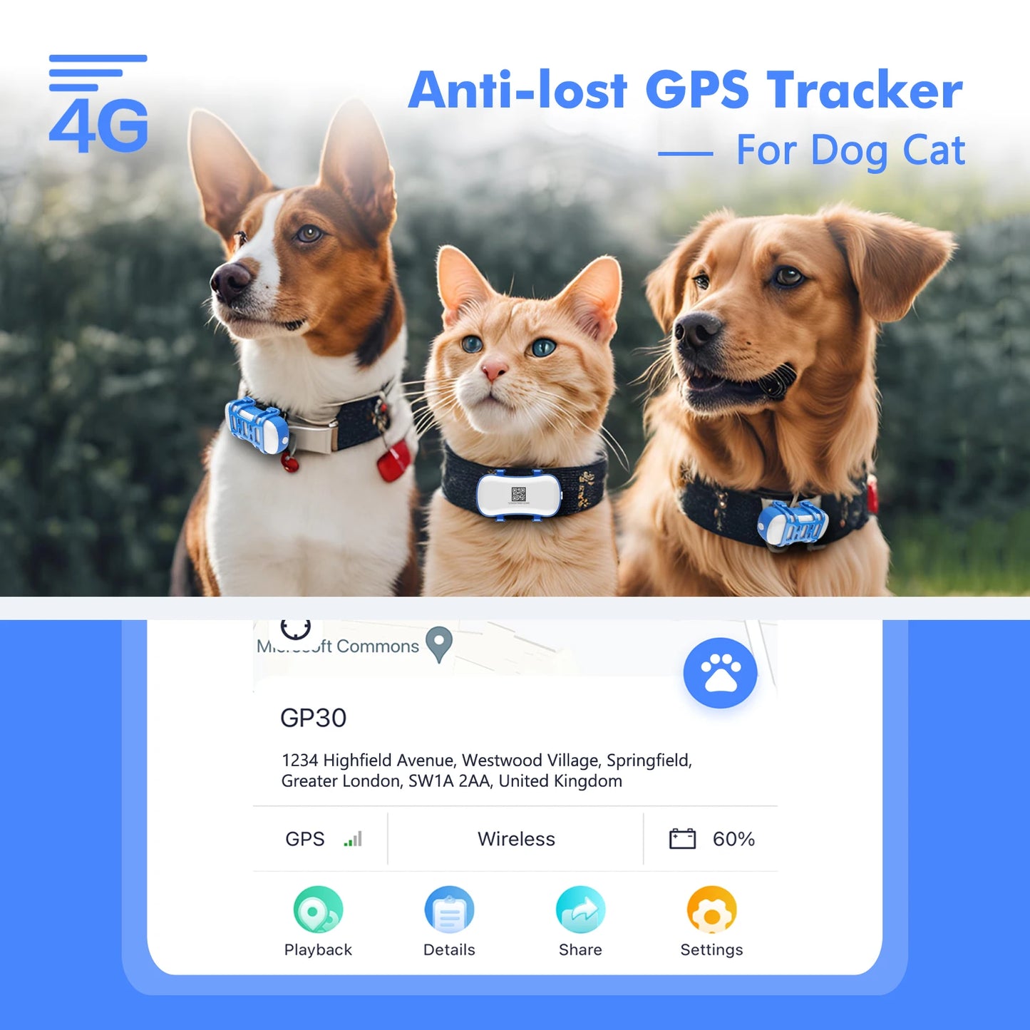 4G Dog Cat GPS Tracker for Pets Waterproof Smart Locator with App Live Tracking and Light Sound Search Free Trial Included