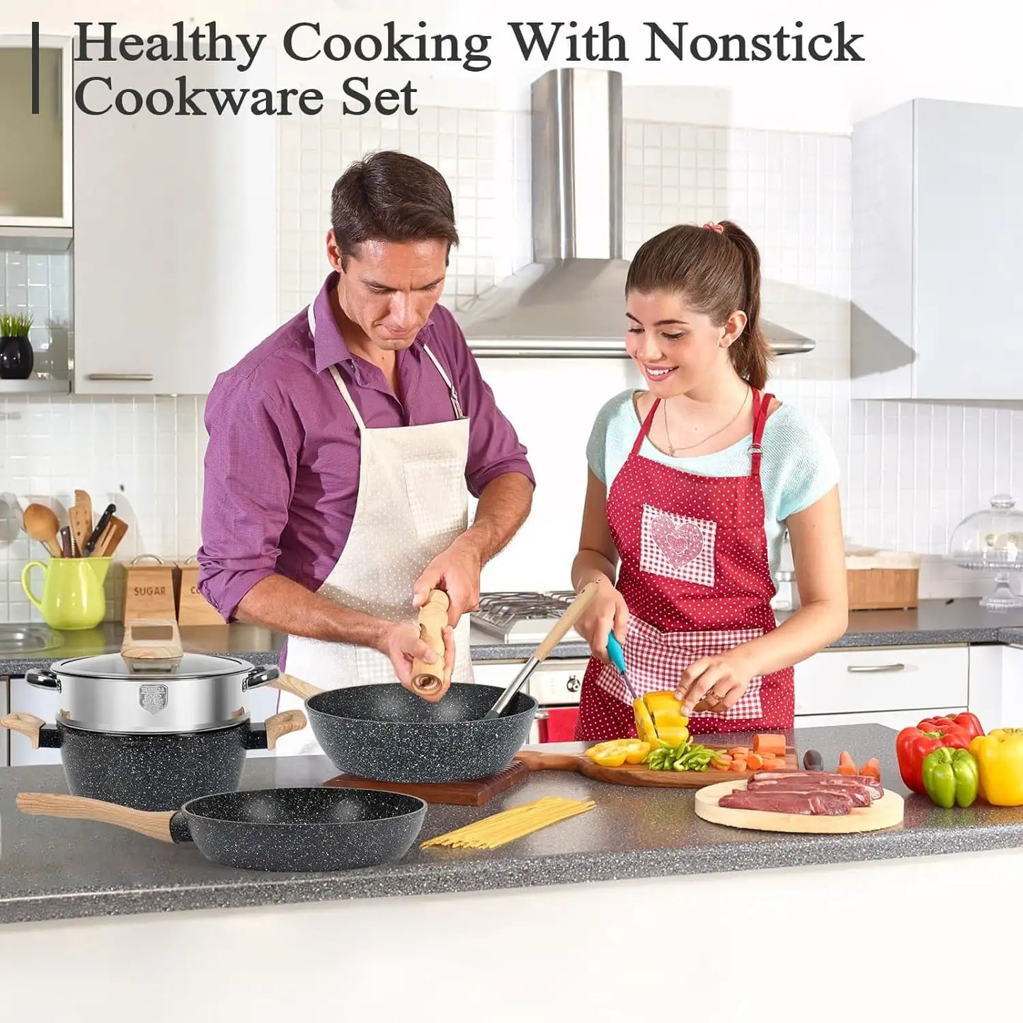 XMSJH Granite Cookware 11 Piece Nonstick Pots And Pans Set