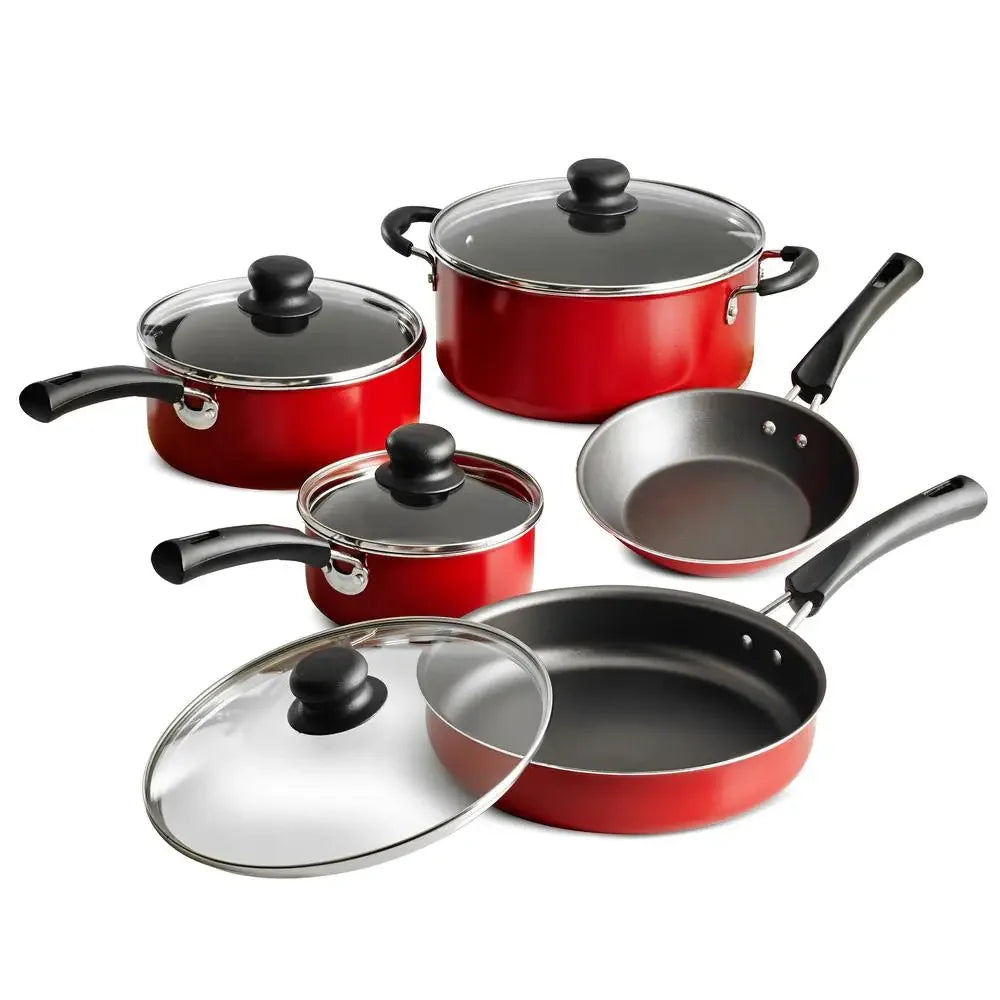 Nonstick Cookware Set Red 9 Piece Kitchen Starter Aluminum Dutch Oven Saute Pan Sauce Pan Riveted Handles Tempered Glass Lids