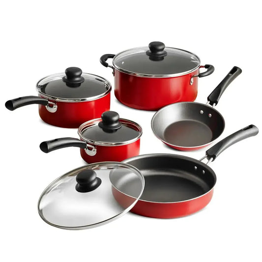 Nonstick Cookware Set Red 9 Piece Kitchen Starter Aluminum Dutch Oven Saute Pan Sauce Pan Riveted Handles Tempered Glass Lids