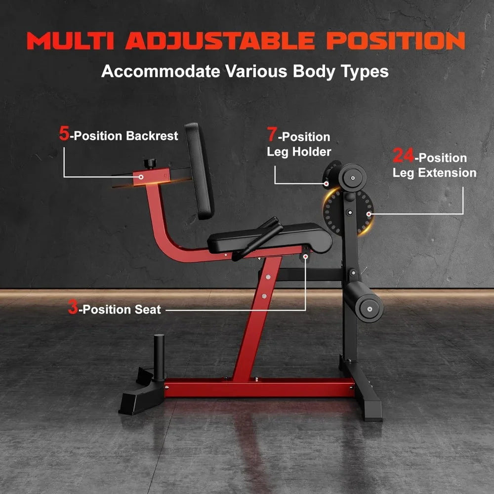 Leg Extension and Curl Machine 4 in 1 Lower Body Workout Machine Adjustable Leg Curl Machine with Plate Loaded Red