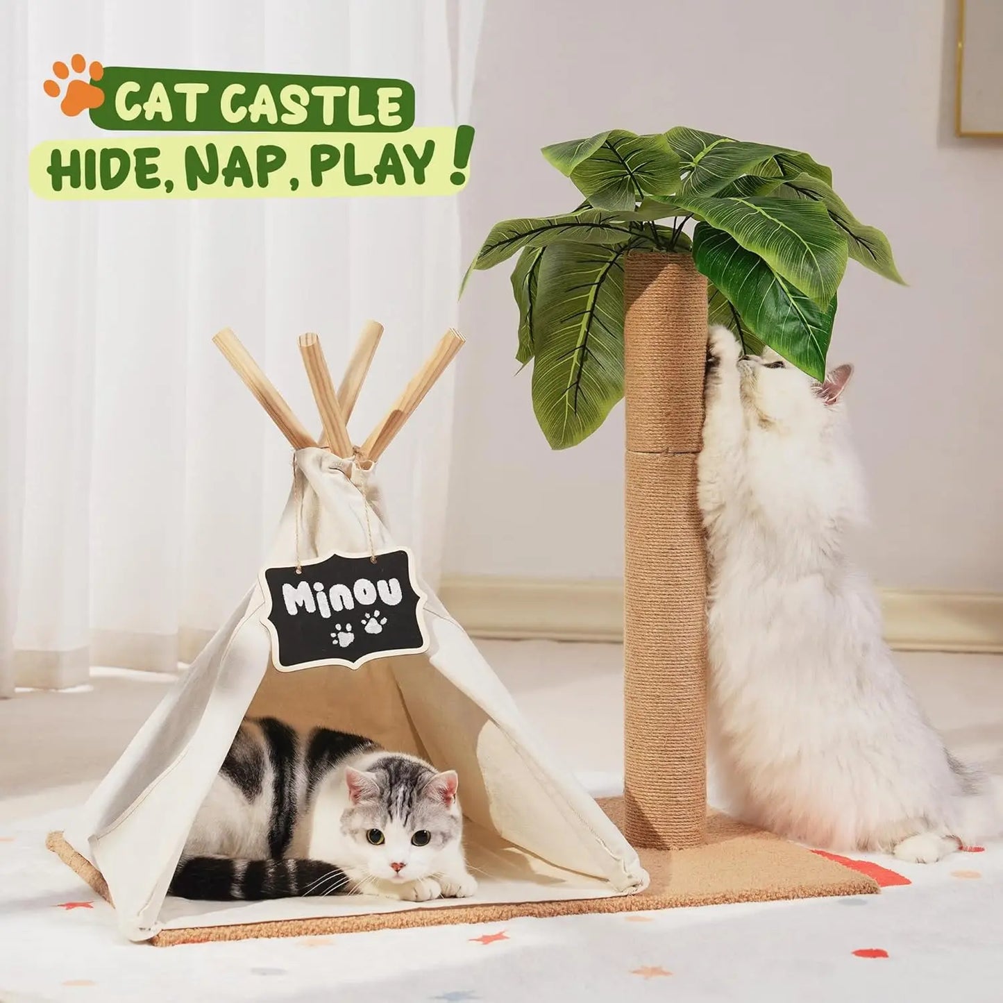 MewooFun Cats Scratching Post Teepee Cat Tree with Simulated Leaves 60cm Tall Pet Bed Tent Indoor Cat Play House