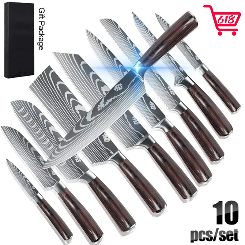 8 or 10 Pieces Gift Japanese Kitchen Knives Set Laser Damascus Pattern High Carbon Stainless Steel Chef Knife and Fruit Slicing Knife