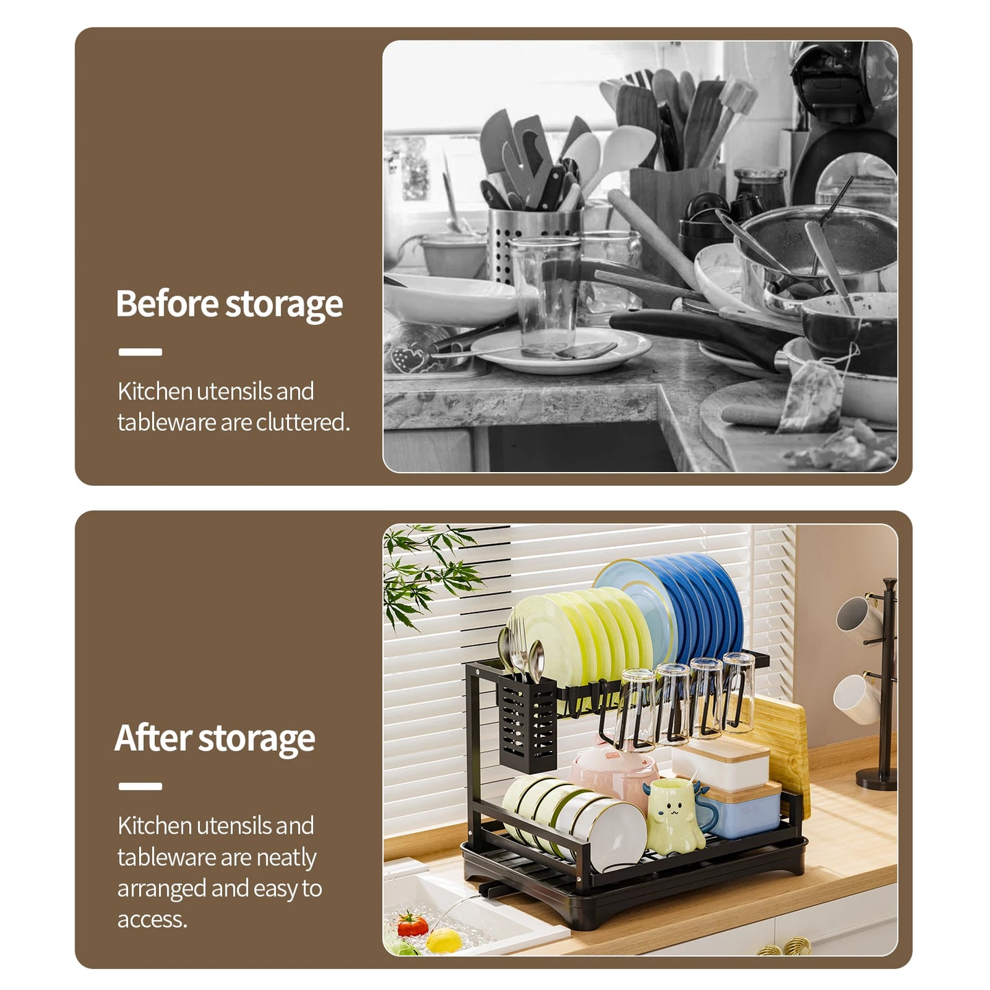 Dish Drying Rack 2 Tier Dish Racks for Kitchen Counter Large Dish Drying Rack with Drainboard and Utensil Holders