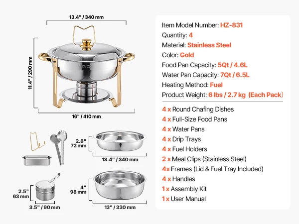 Succebuy 4PackProfessionalGradeCommercialStainless Chafing Dish Buffet Set HeavyDuty With Pans