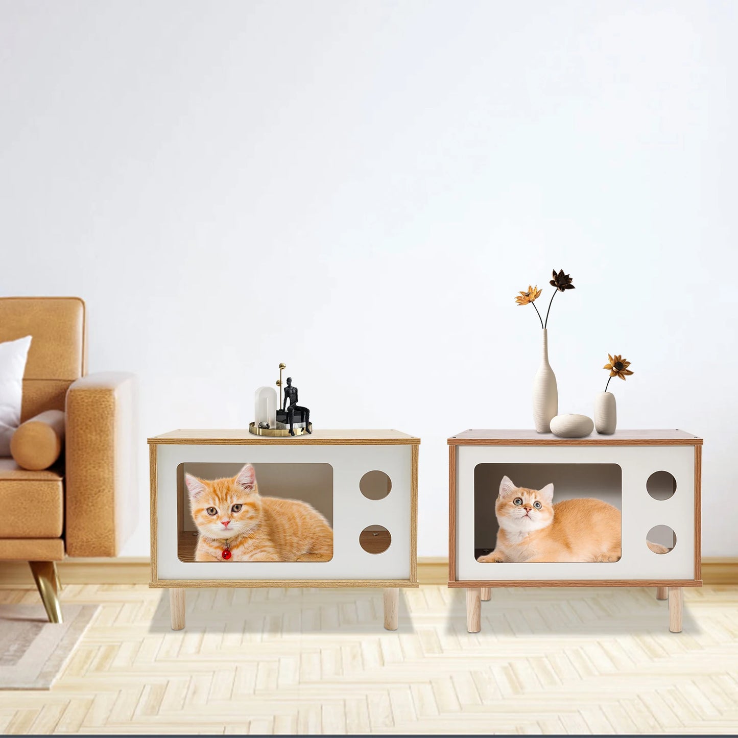Wooden Cat House Villa Pet Perch Bed Jumping Platform TV Shaped Cat Shelter for Indoor Cats and Small Dogs Up to 9.92 Pounds