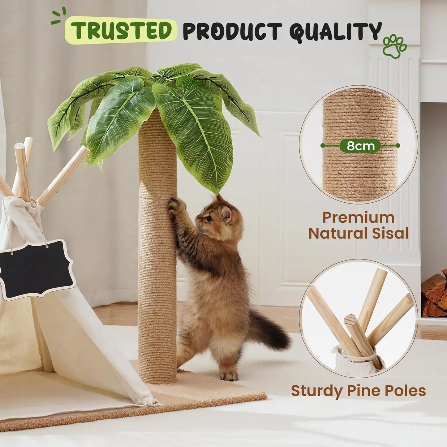 MewooFun Cats Scratching Post Teepee Cat Tree with Simulated Leaves 60cm Tall Pet Bed Tent Indoor Cat Play House