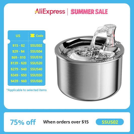 2L Fully Stainless Steel Pet Water Dispenser Automatic Cat Water Fountain with Optional Sensor and Heater