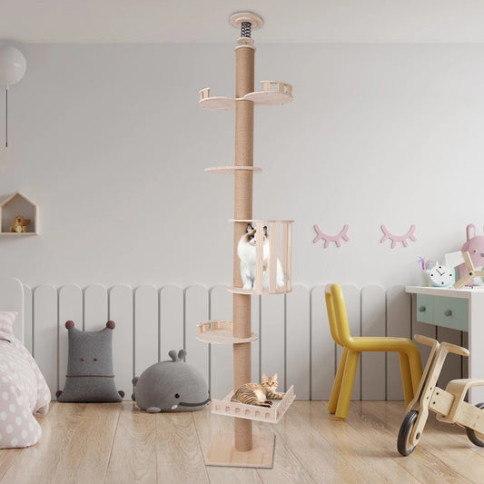 5 Layer Cat Climbing Frame Cat Tower Floor To Ceiling Solid Wood Pet Furniture