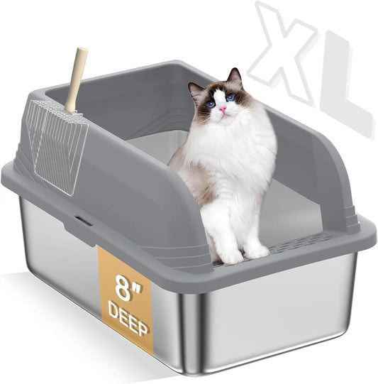 Stainless Steel Cat Litter Box with High Sides and Litter Scooper Easy Clean Anti-Leakage Design for Large Cats