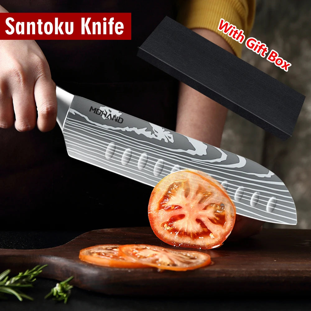7 Inch Santoku Knife Laser Damascus Stainless Steel Kitchen Knife Professional Chef Knife Full Tang Vegetable Cutting Knife