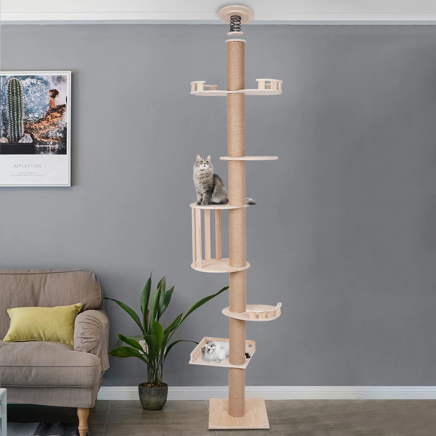5 Layer Cat Climbing Frame Cat Tower Floor To Ceiling Solid Wood Pet Furniture