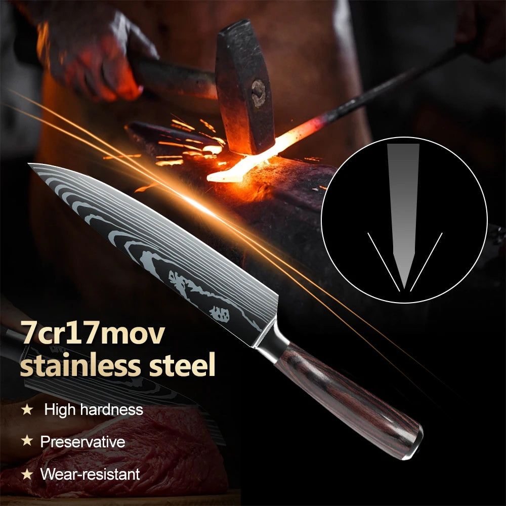 8 or 10 Pieces Gift Japanese Kitchen Knives Set Laser Damascus Pattern High Carbon Stainless Steel Chef Knife and Fruit Slicing Knife