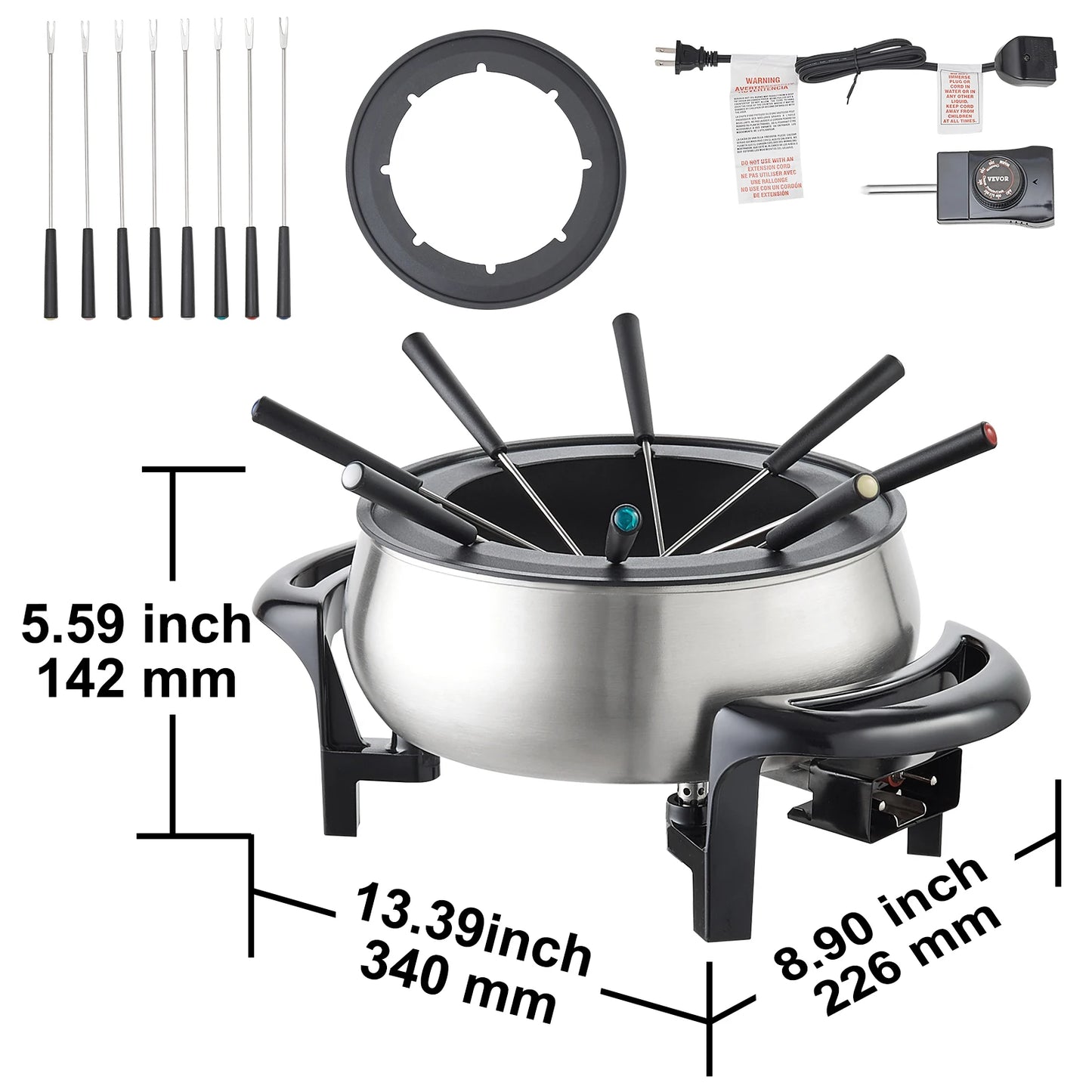 VEVOR Electric Fondue Pot Set for Cheese and Chocolate 3 Quart Stainless Steel Melting Pot with Temperature Control