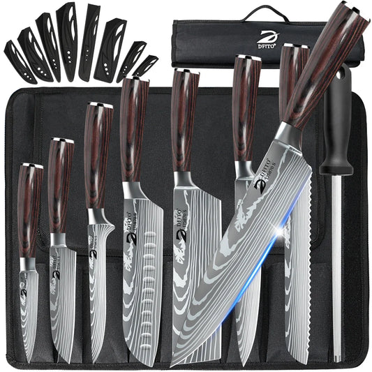 8 Pieces Kitchen Knife Set Damascus Stainless Steel Chef Utility Paring Boning Cleaver Slicing Santoku Knives With Nylon Bag