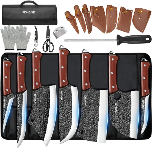 Meat Cleaver Knife Set 14 Pieces High Carbon Steel Professional Chef Kitchen Knives with Boning Knife Roll Bag and Accessories