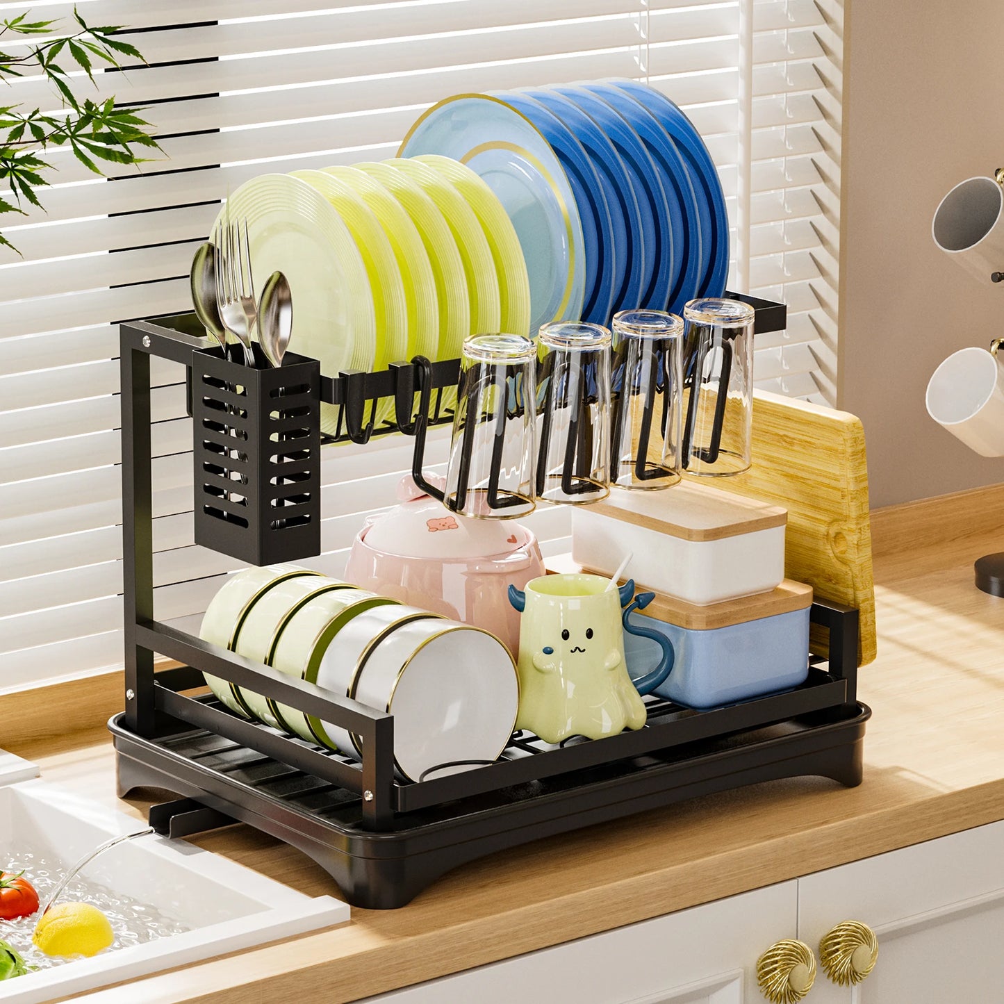 Dish Drying Rack 2 Tier Dish Racks for Kitchen Counter Large Dish Drying Rack with Drainboard and Utensil Holders